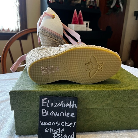 Gucci women’s interlocking G white and pink wedge espadrille ribbon tie BNIB - Picture 5 of 7